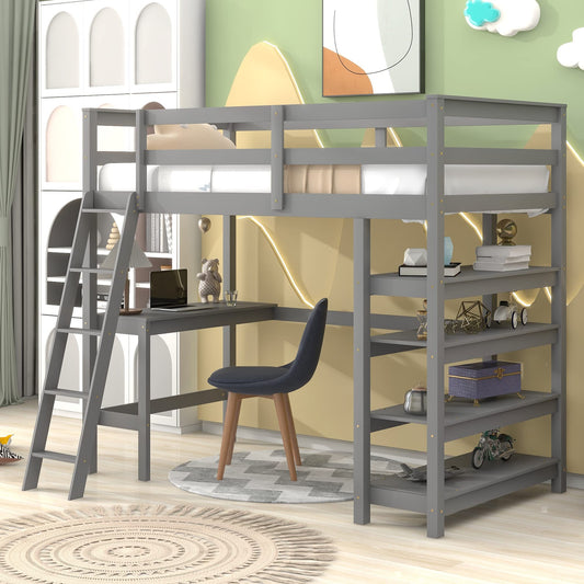 Bellemave Twin Size Loft Bed with Desk and Storage Shelves,Solid Wood Loft Bed Frame with Ladder for Kids,Sapce Saving Loft Bed Twin for Boys,Girls,Teens(Twin,Grey)