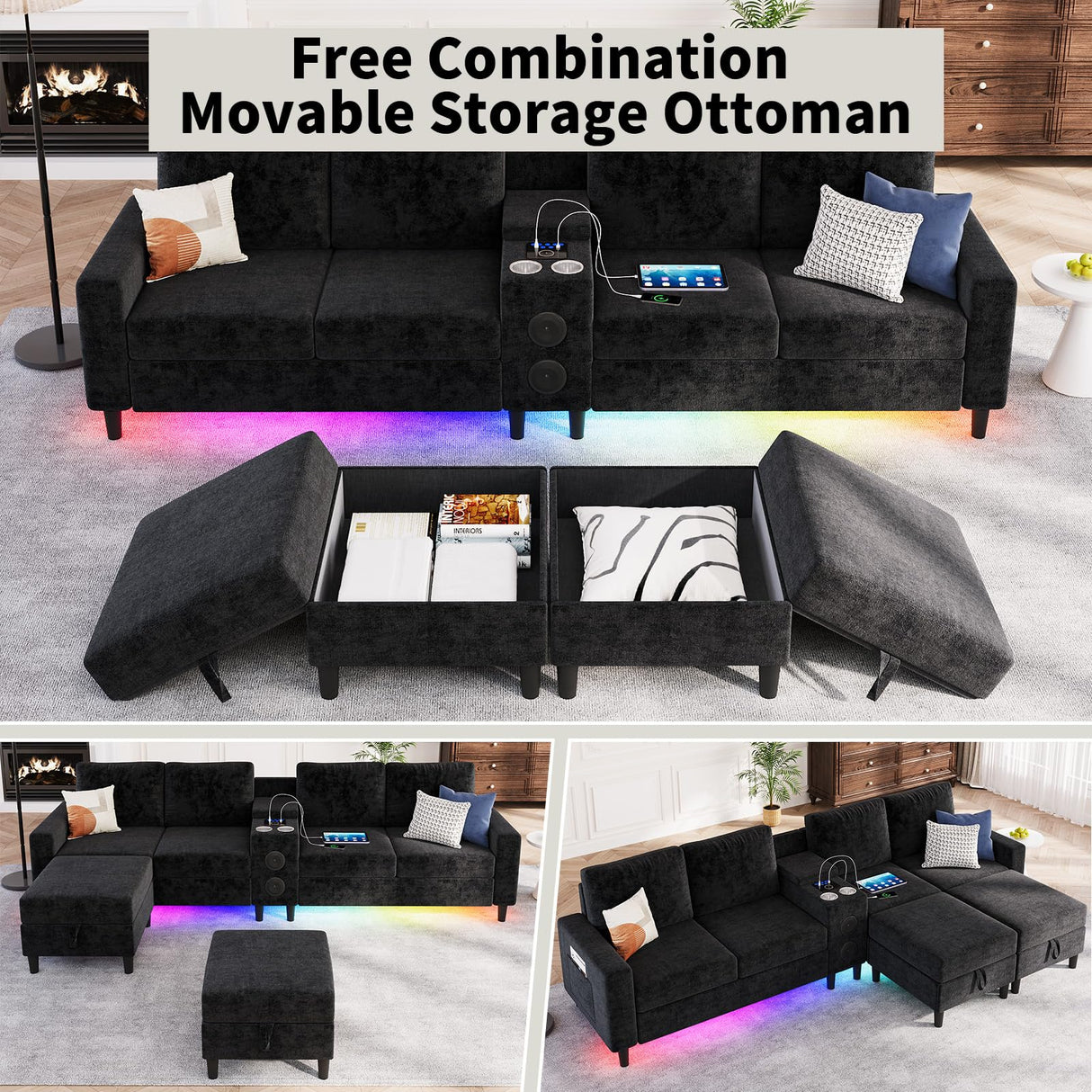 ZSDT Sectional Couches for Living Room, 6 Seat Sectional Sofa Smart Module-Bluetooth Speaker/RGB Light/Charging Station, Chenille U Shaped Couch with 2 Movable Storage Ottomans (Black) ZSDT