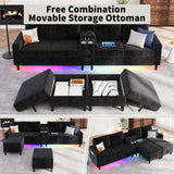 ZSDT Sectional Couches for Living Room, 6 Seat Sectional Sofa Smart Module-Bluetooth Speaker/RGB Light/Charging Station, Chenille U Shaped Couch with 2 Movable Storage Ottomans (Black) ZSDT
