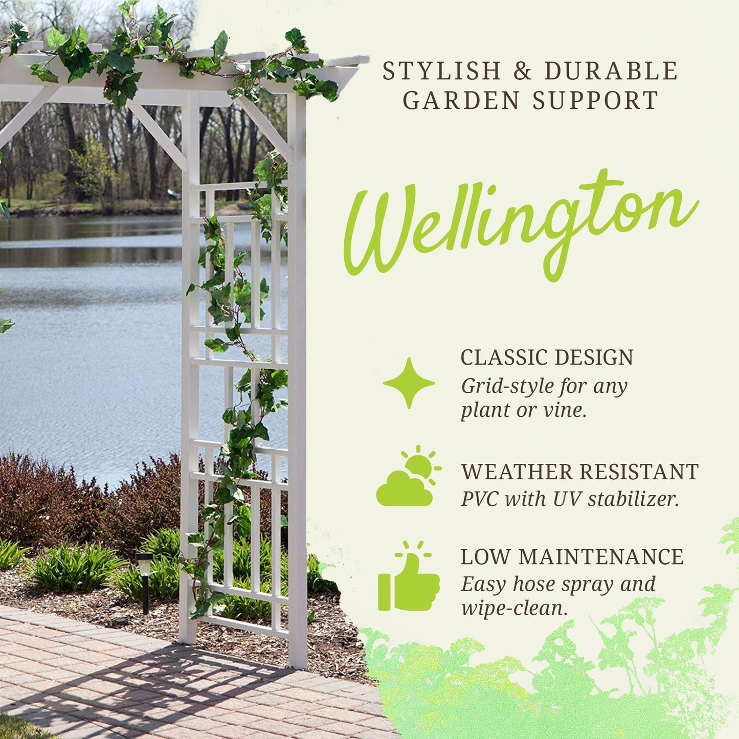 Dura-Trel Wellington Arbor, 72 by 95 Inch PVC Patio Garden Arch, Outdoor Backdrop Frame Decoration or Trellis for Climbing Plants, White