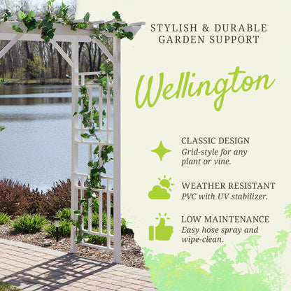 Dura-Trel Wellington Arbor, 72 by 95 Inch PVC Patio Garden Arch, Outdoor Backdrop Frame Decoration or Trellis for Climbing Plants, White