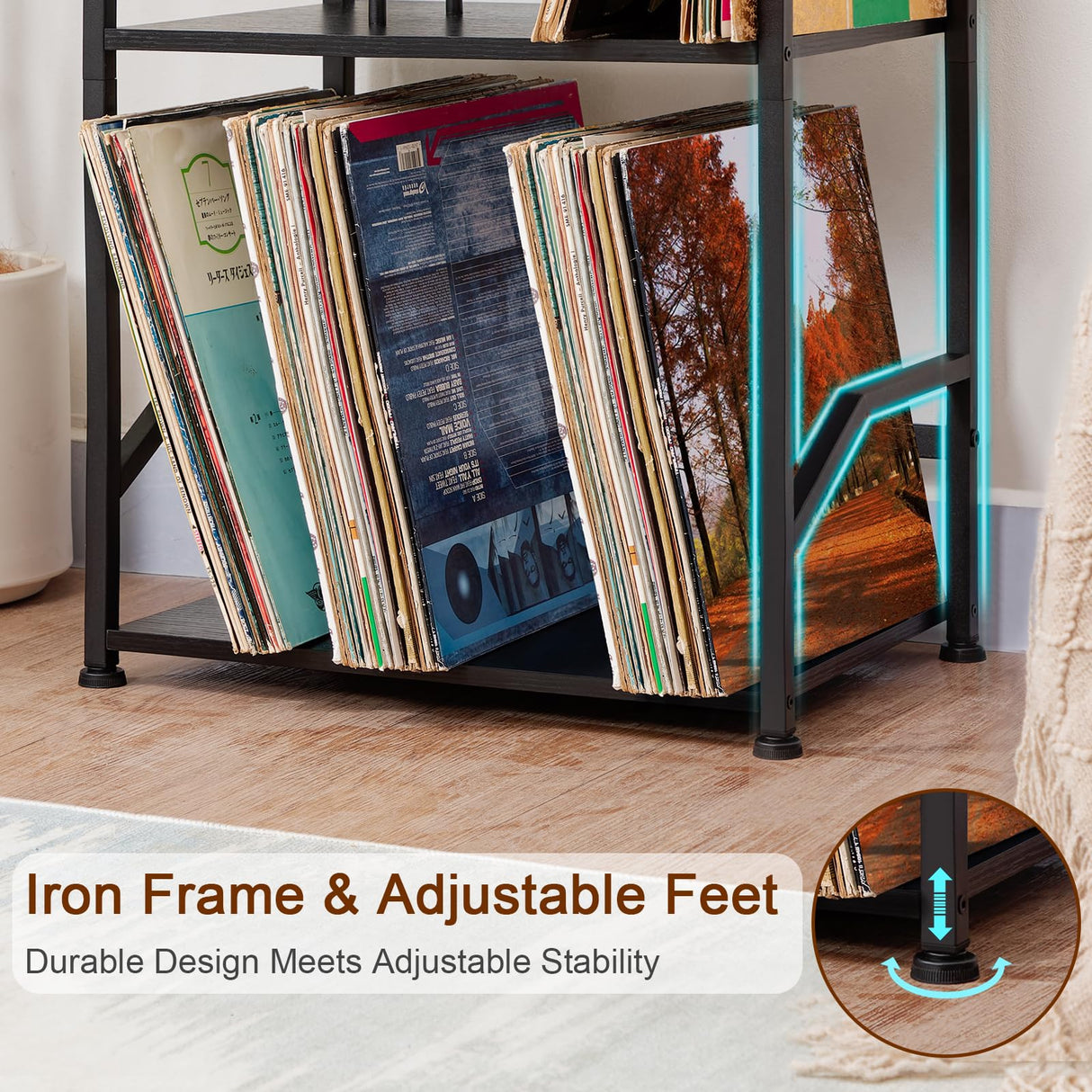 LOAKEKEL Record Player Stand, Vinyl Record Storage Up to 200 Albums, 3 Tier End Table with Removable Dividers, Tall Side Table for Living Room, Bedroom, Black, HETCD010BK1 LOAKEKEL