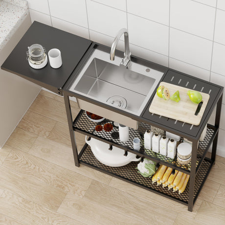 LUCKWIND 47" Freestanding Kitchen Utility Sink with Stainless Steel Single Bowl, Foldable Countertop and Cold & Hot Water Faucet for Farmhouse, Laundry, Garage, Outdoor and Commercial Use LUCKWIND