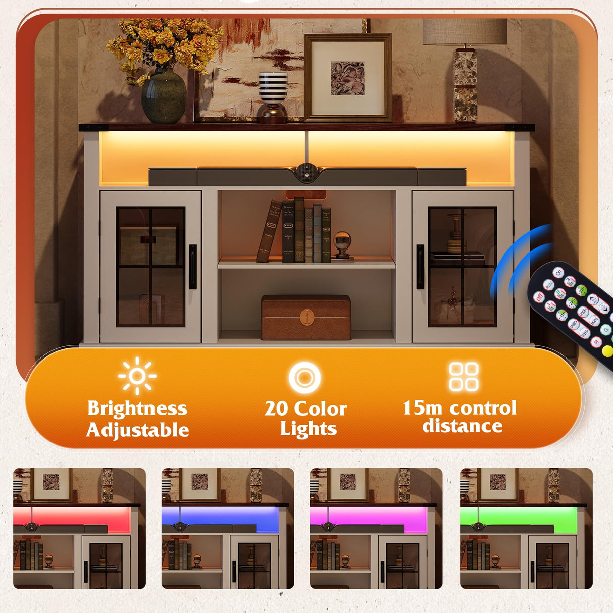 WLIVE Farmhouse TV Stand for 65 Inch TV, Tall Entertainment Center with LED Lights, Mid Century Modern TV Console wirh Open Shelves and Glass Cabinet Doors for Living Room and Bedroom, White WLIVE