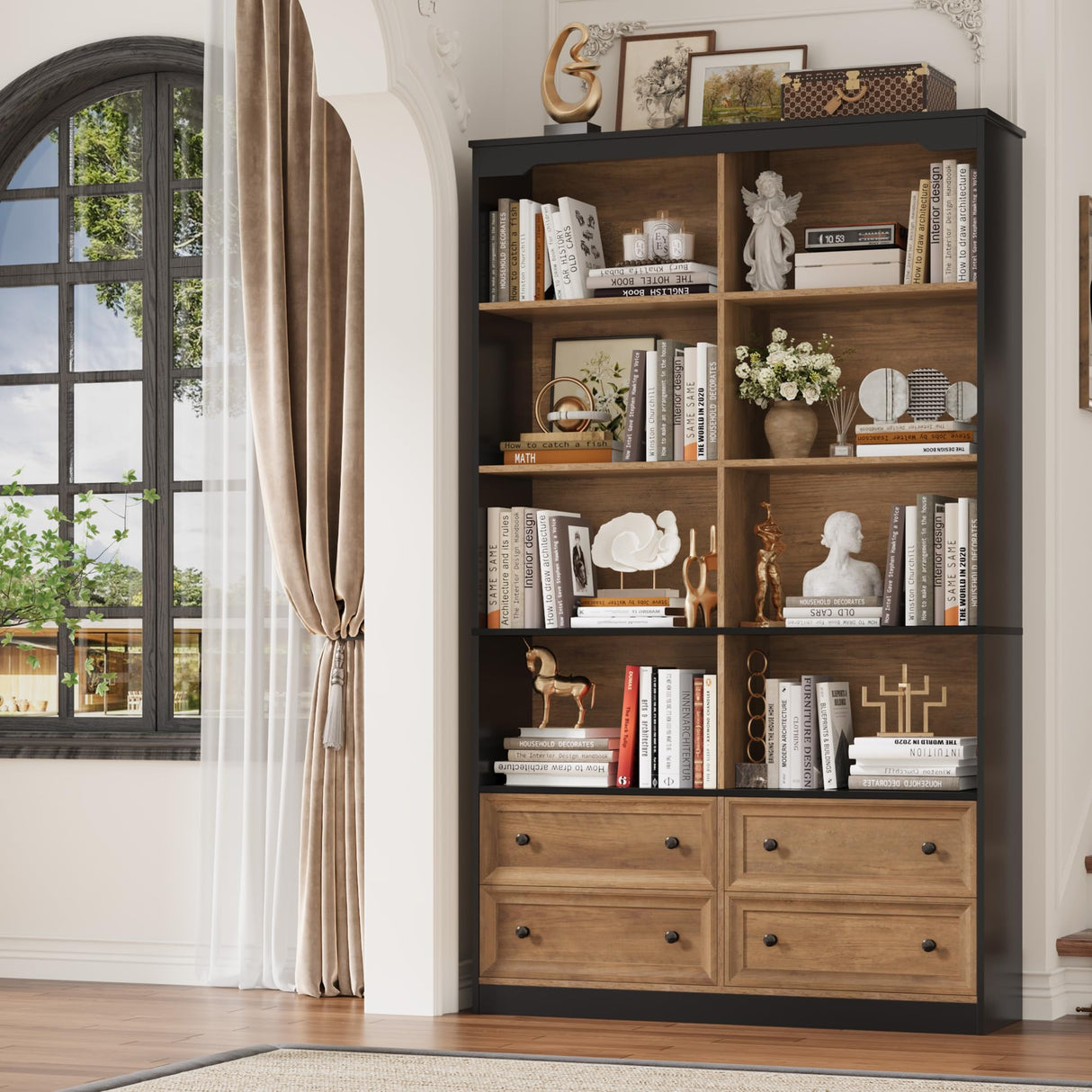 FINETONES 71" Tall Bookshelf with 4 Drawers, 6-Tier Double Wide Bookshelves and Bookcases with Storage, Tall Bookshelf Large Standing Book Cabinet for Home Office, Brown/Black FINETONES