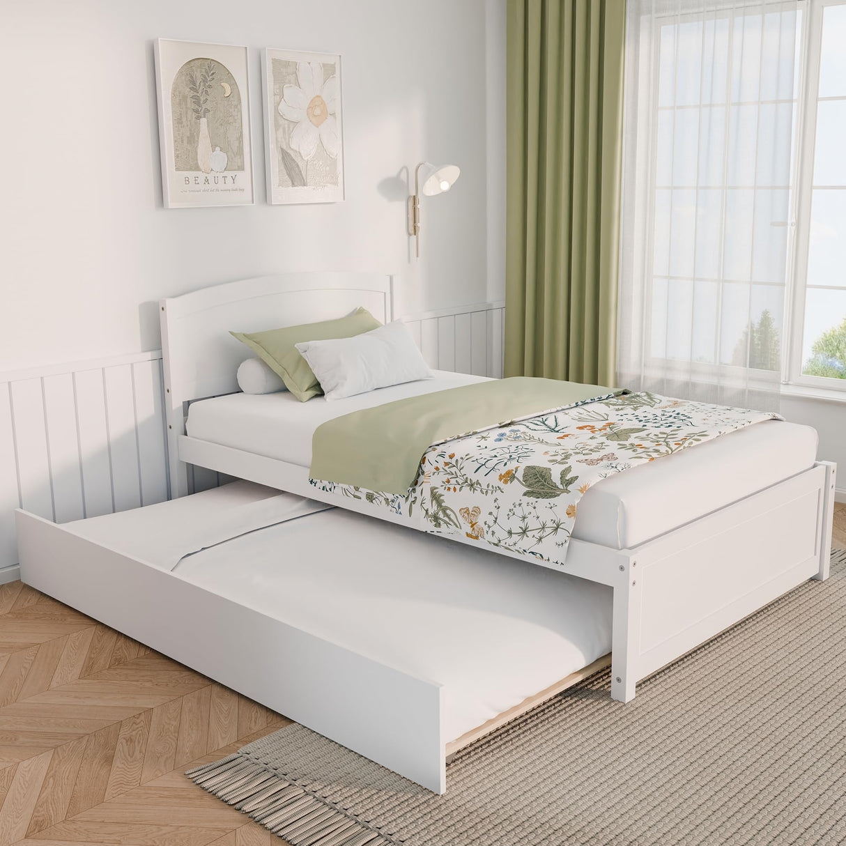 Xilingol Trundle Bed Twin, Solid Wood Bed Frames with Headboard and Wooden Slats Support, Twin Trundle Bed Frame Roll Out, Single Box (No Box Spring Needed), White Xilingol