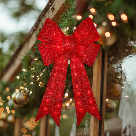 GLOWNOVA 48'' 126LEDChristmas Wreath Bow, Thanksgiving Wreath Bow,Christmas Tree Topper Decorative Bows, Christmas Glitter Red Bow for Front Door Wreath Home Indoor Outdoor Decorations GLOWNOVA