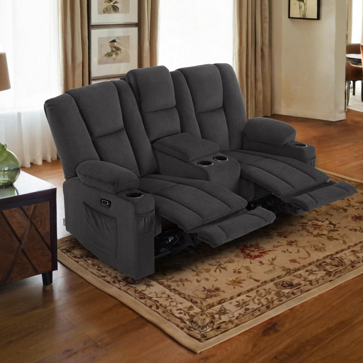 MCombo 74.4" Zero Gravity Power Loveseat Recliner with Console, Heat and Vibration Massage, Reclining Loveseat Sofa with USB Ports, Cup Holders for Living Room, Fabric 6035SET (Grey) MCombo