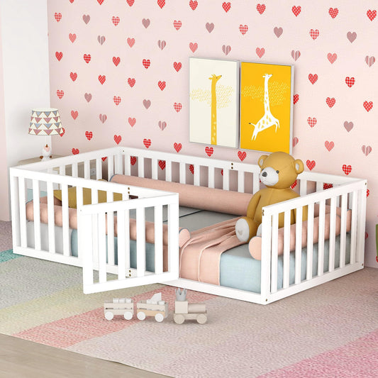 Bellemave Twin Size Montessori Floor Bed with Safety Fence and Playful Door in White - WoodArtSupply