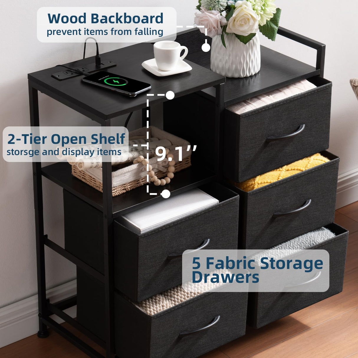 Somdot Black Nightstand with Charging Station and LED Light, Wide 5 Drawers Dresser for Bedroom with Fabric Bins and Open Shelf for Bedroom Kids Closet Dorm Guest Room, Black Somdot
