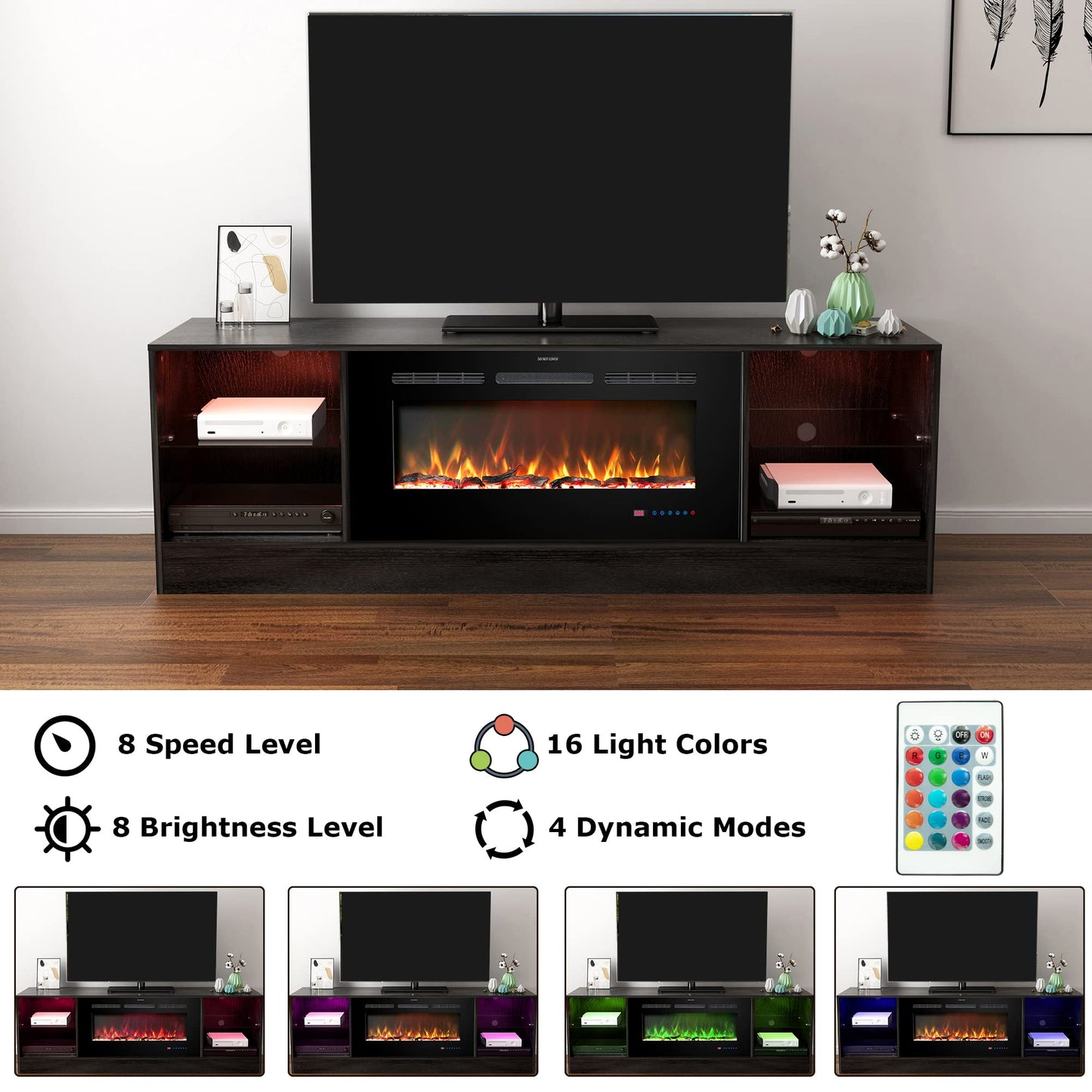 Kentsky Fireplace 72" TV Stand, Entertainment Center with 36" Electric Fireplace, LED Light Wood Storage Cabinet Table, Media Console for TVs Up to 80", Thermostat, 13 Flame Colors, Black