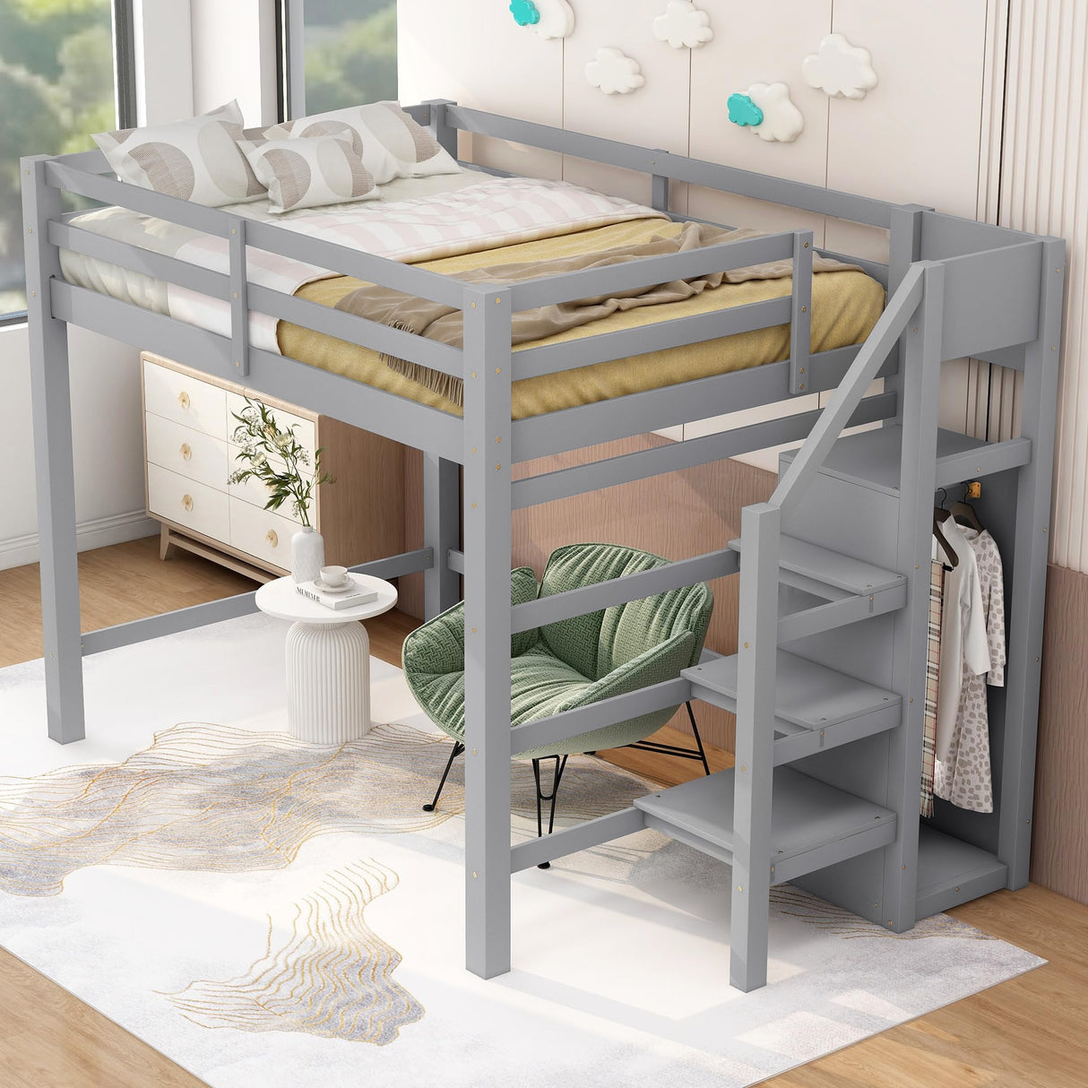 Harper & Bright Designs Grey Full Loft Bed with Storage Staircase and Wardrobe Harper & Bright Designs