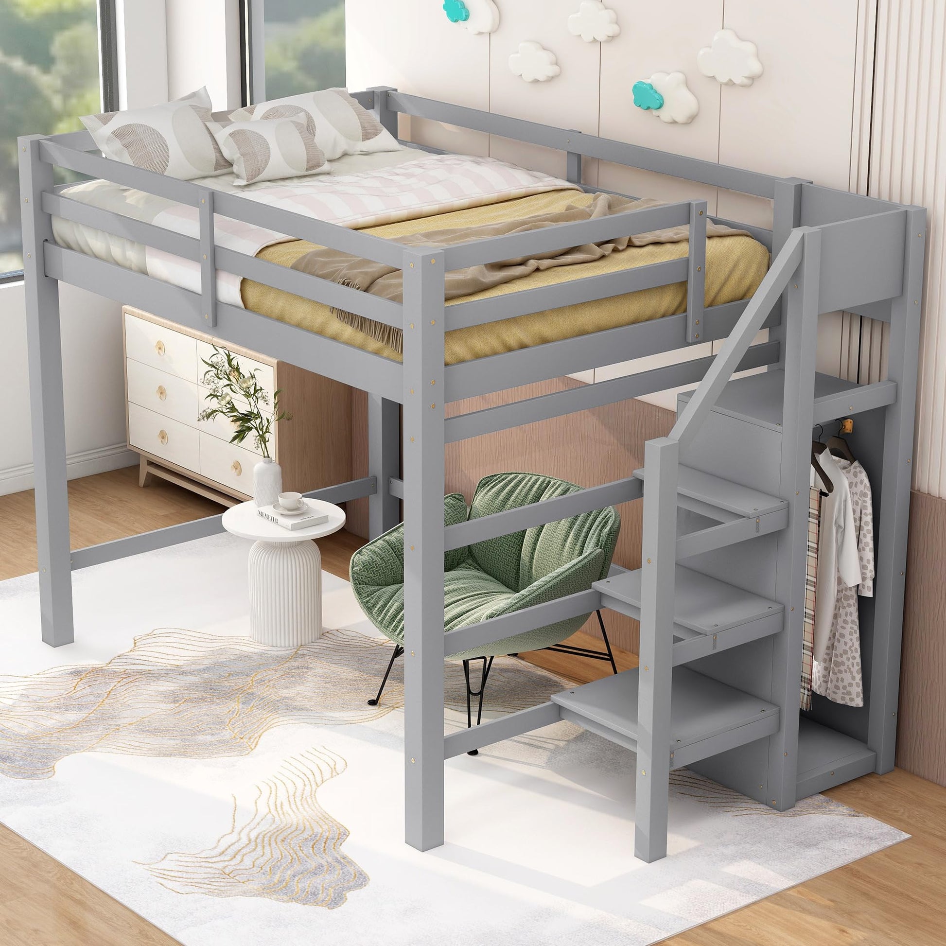 Harper & Bright Designs Grey Full Loft Bed with Storage Staircase and Wardrobe - WoodArtSupply