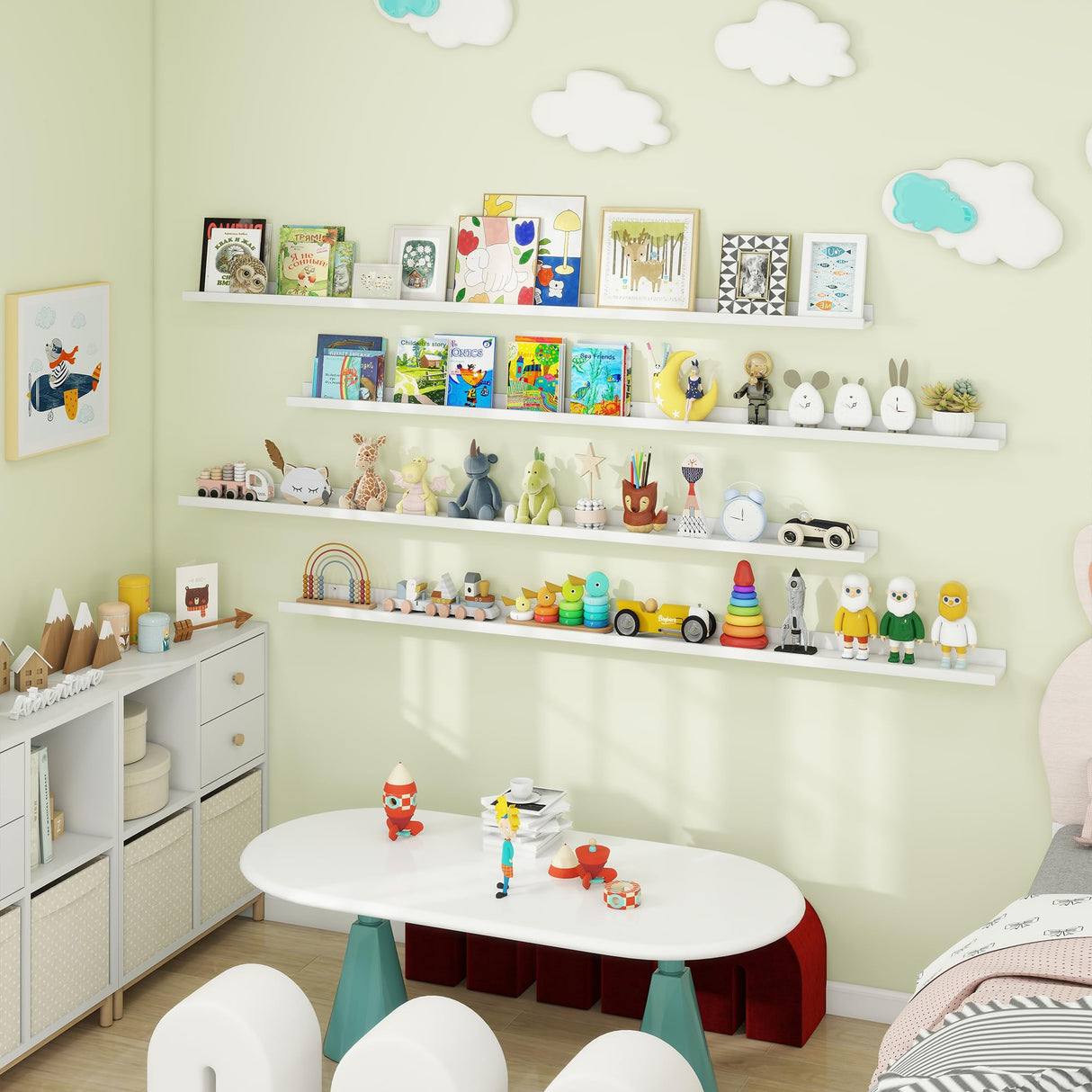 Axeman 72 Inch Floating Shelves for Wall - Picture Ledge Shelf Set of 4 - White Floating Shelves with Lip - Picture Shelf for Wall with Ledge - Photo Ledge Shelves for Pictures Nursery Books Axeman