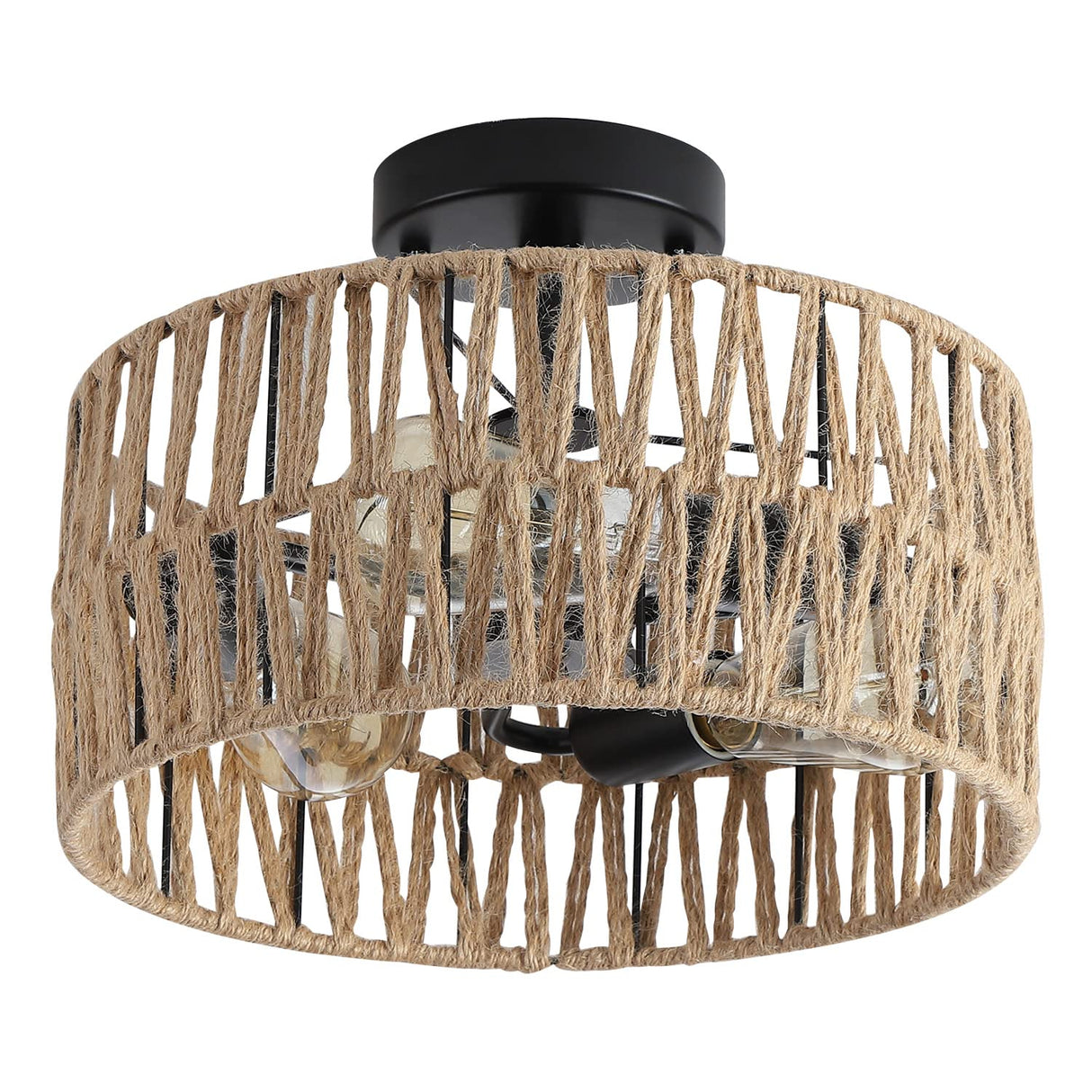 Hchunqjor 3-Light Coastal Woven Flush Mount Light Fixture Boho Rustic Hemp Rope Drum Semi Flush Mount Ceiling Light for Hallway Bedroom Kitchen Entryway Farmhouse Living Room, Black Hchunqjor