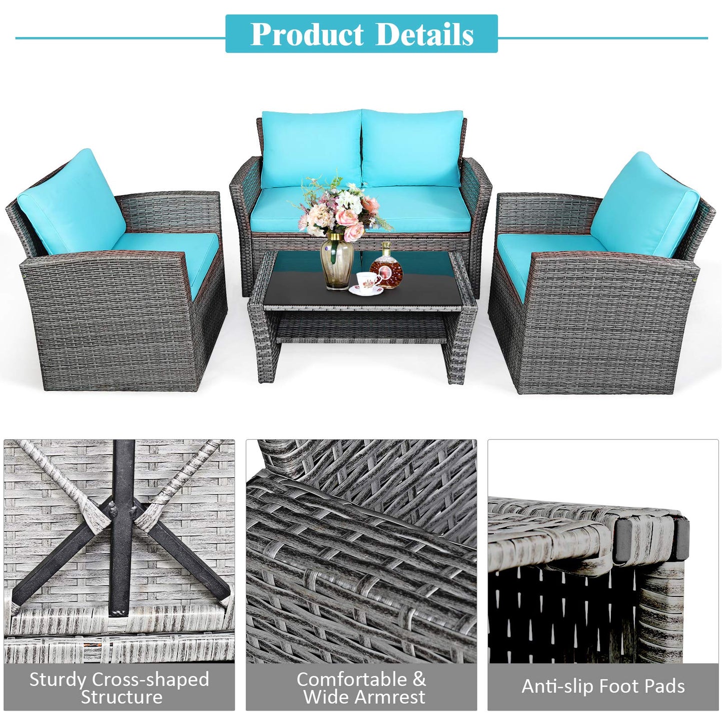 COSTWAY 4 Pieces Patio Rattan Furniture Set, Outdoor Wicker Sofa Set with Tempered Glass Coffee Table, Cushions, All Weather Rattan Conversation Set for Yard Balcony Backyard Pool, Turquoise