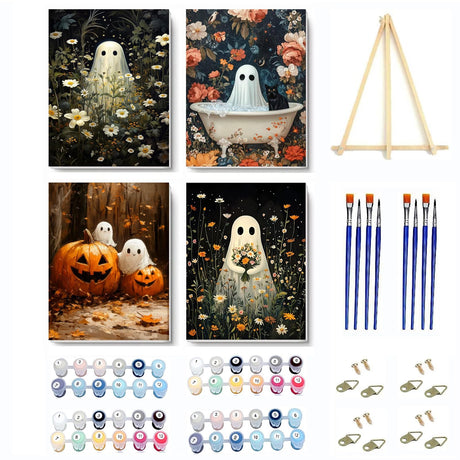 4 Pack Ghost Paint by Numbers Kit for Adults with Frame,Halloween Paint by Number with Wooden Easel DIY Landscape Adult Paint by Number Kits for Home Decor 9x12inch Kaixine
