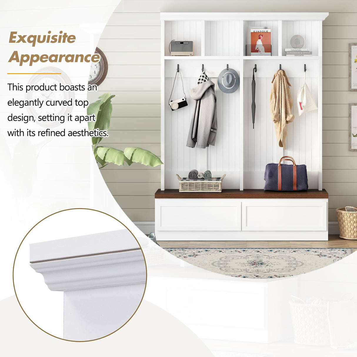 Merax Wood Hall Tree Entryway Bench with 6 Hooks, Farmhouse Mudroom Versatile Coat Racks with 2 Large Drawers Entrance Organizer for Hallway White Merax