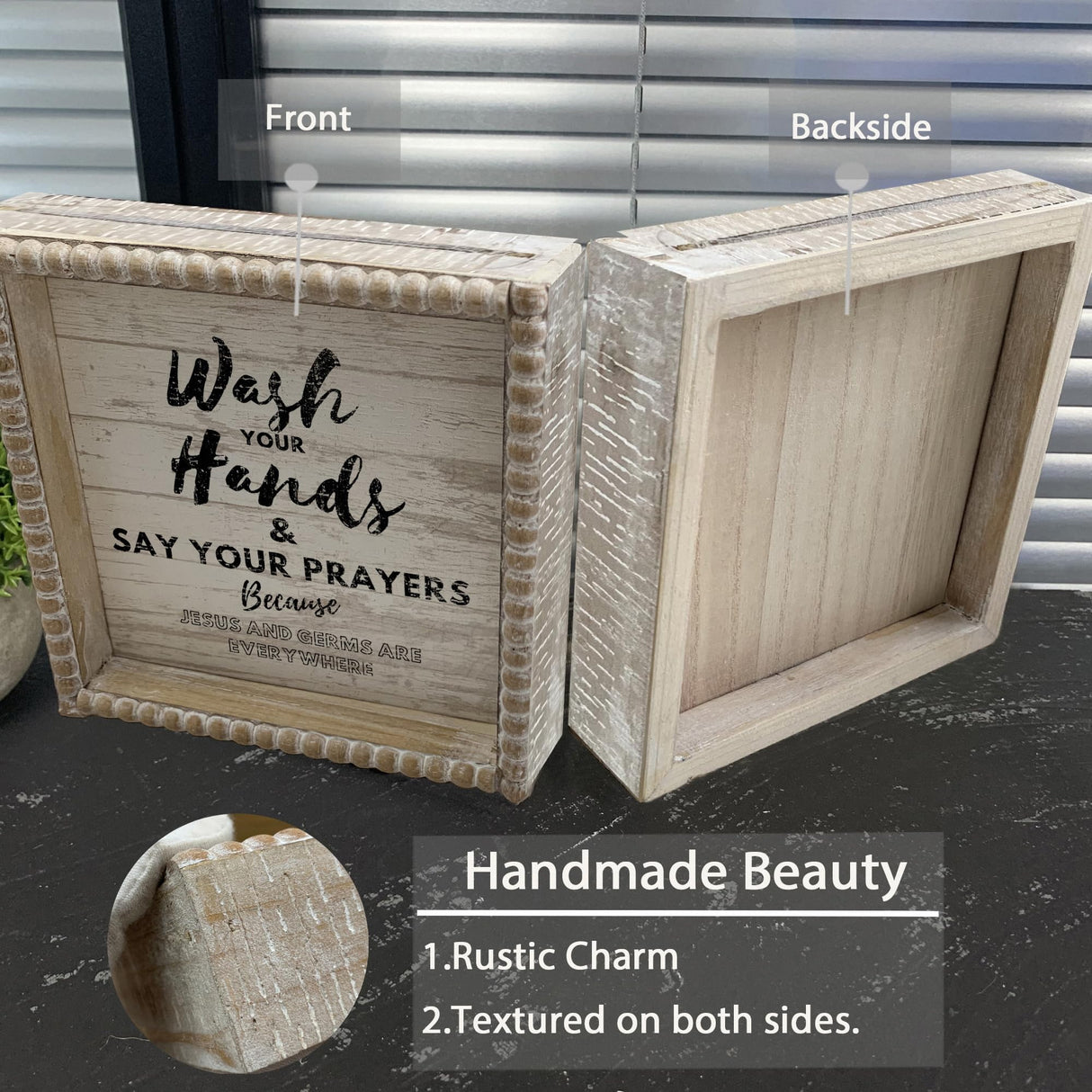 Boho Farmhouse Wooden Framed Bathroom Decor Signs, Funny Restroom Decorative Plaque Small Cute, Toilet Rules Shelf Decoration (Wash Your Hands) ZLFart