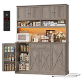 HIFIT 72.8” Tall Kitchen Pantry Cabinet with LED & Charging Station, 55” Wide Farmhouse Pantry Storage Cabinet with Microwave Stand&Shelves&Barn Doors, Kitchen Hutch Coffee Bar for Living Room, Grey HIFIT