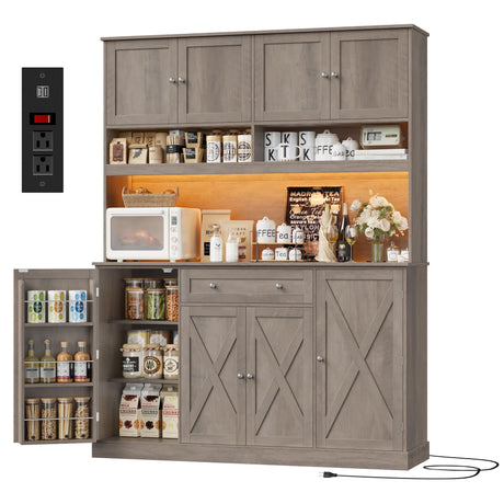 HIFIT 72.8” Tall Kitchen Pantry Cabinet with LED & Charging Station, 55” Wide Farmhouse Pantry Storage Cabinet with Microwave Stand&Shelves&Barn Doors, Kitchen Hutch Coffee Bar for Living Room, Grey HIFIT