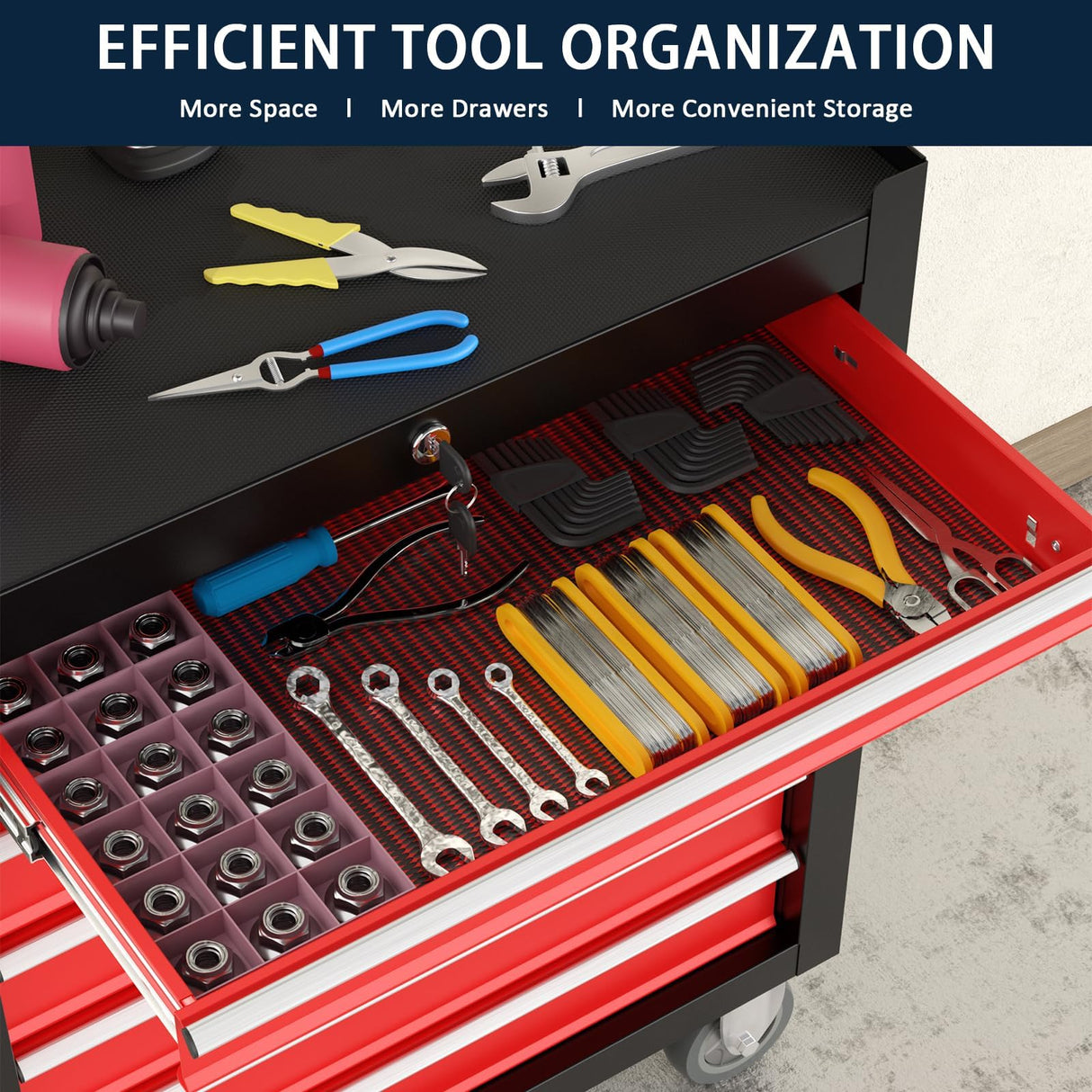 7-Drawer Metal Rolling Tool Chest with Wheels,Tool Storage Cabinet With Locking System，Toolbox with Wheels for Garage, Warehouse, Workshop, Repair Shop(Black&red,7-Drawer) OAKANDO