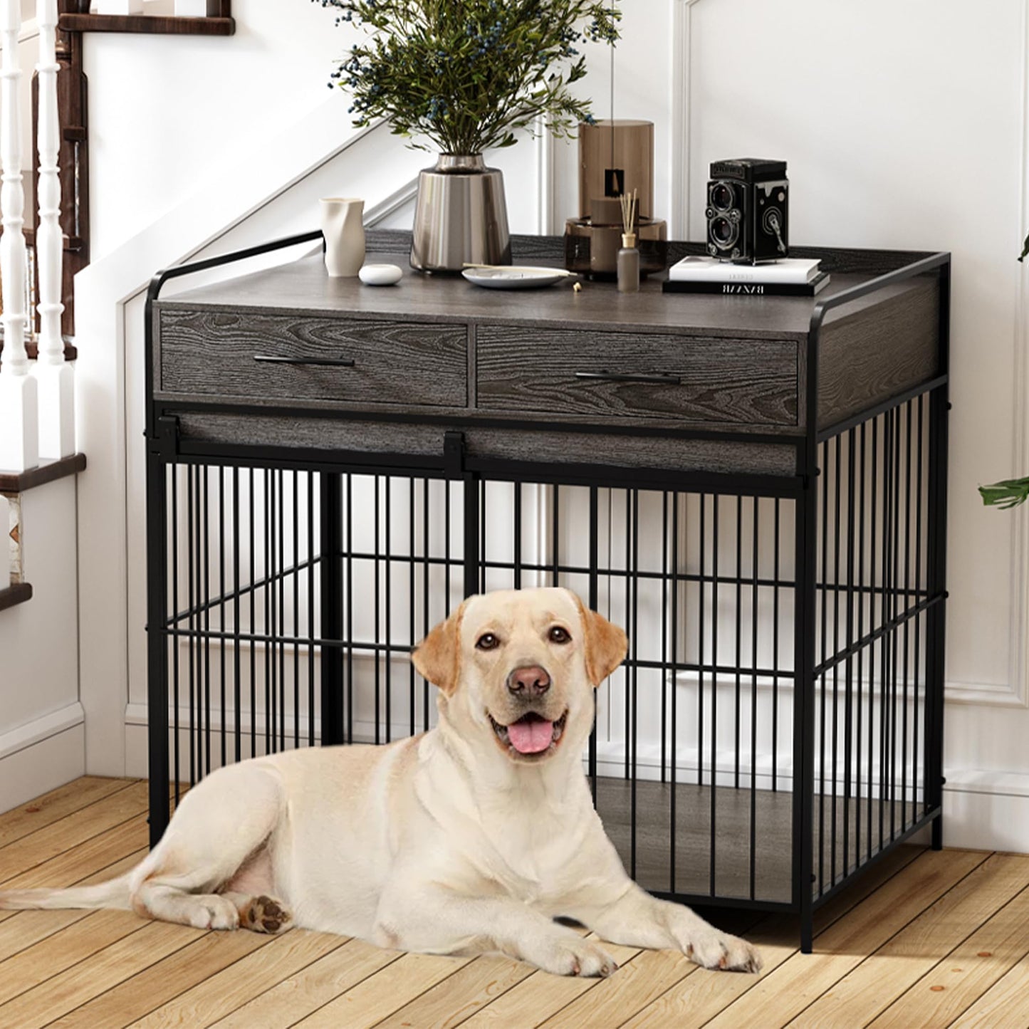 PUPETPO Large Dog Crate Furniture, Indoor Dog Kennel with Storage Drawers, Double Doors Dog Crate End Table Large, Heavy Duty Dog Crate, Decorative Pet Crate Dog Cages for Large Dogs, Grey - WoodArtSupply