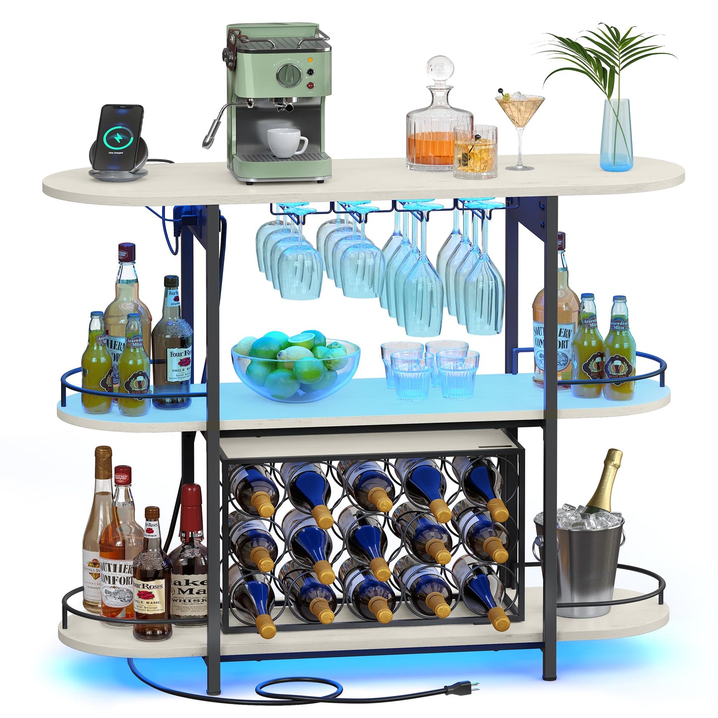 VASAGLE Bar Cabinets for Home, LED Coffee Bar with Power Outlets, Home Mini Bar for Liquor, Freestanding Wine Rack with Glass Holder, Kitchen, Dining Room, Rustic White ULWR007W01 - WoodArtSupply