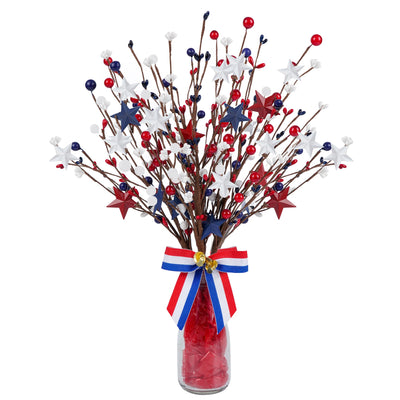 Shitailu 4 Pack Patriotic Artificial Berry Stem Picks White Blue Red Stars for 4th of July Independence Day, Pentagram Faux Berry Branches Decoration for Home Office Restaurant Vase Décor