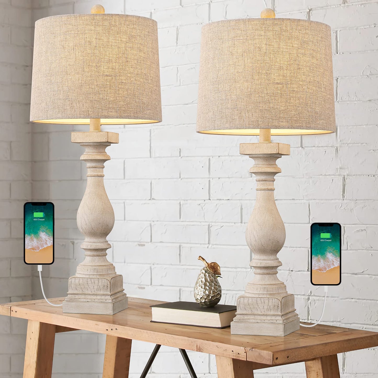 BOBOMOMO 27.75" Table Lamp with USB C+A Charging Ports Set of 2 Antique Nightstand Lamp for Bedroom Living Room Farmhouse Office Retro Rustic Resin Bedside Desk Lamps Washed White - WoodArtSupply