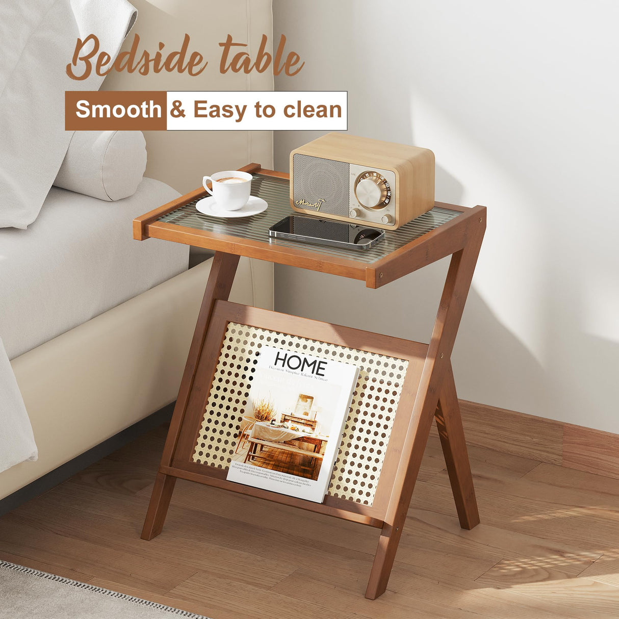 FILWH Bedside Table Side Table End Table Glass Small Table Bamboo Faux Rattan Computer Desk Bedroom Coffee Table with Storage for Study Living Room Bedroom Outdoor (Small 17.7") FILWH