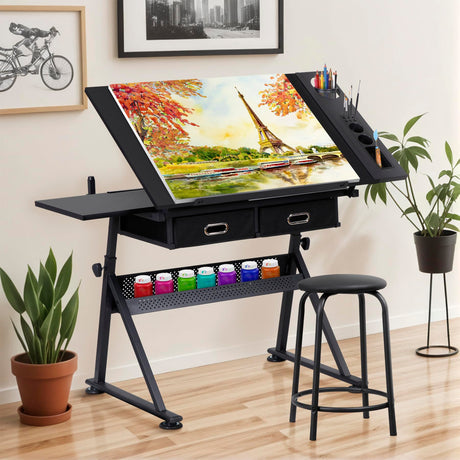 ZENY Adjustable Drafting Table with Stool, Tilting Drawing Desk Artist Table with Storage Drawers, Art Craft Workstation for Home Office Reading, Writing, Crafting ZENY