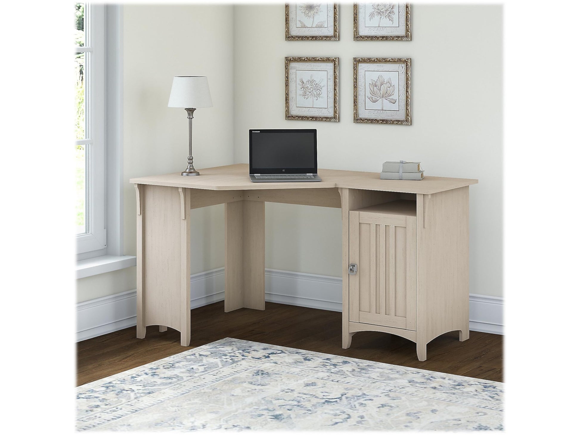 Bush Furniture Salinas 55 Inch W Corner Desk with Storage Cabinet, Antique White (SAD155AW-03) - WoodArtSupply