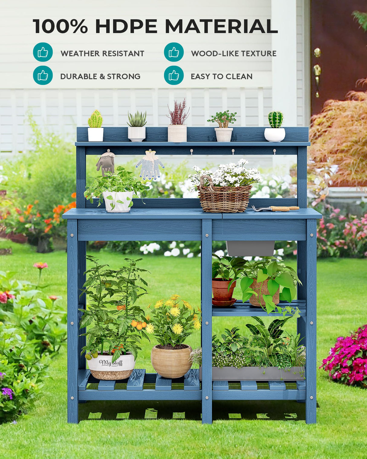 SERWALL Potting Table Outdoor Potting Bench with Sink, HDPE Potting Benches for Outside All Weather Use- Blue SERWALL