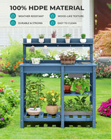 SERWALL Potting Table Outdoor Potting Bench with Sink, HDPE Potting Benches for Outside All Weather Use- Blue SERWALL