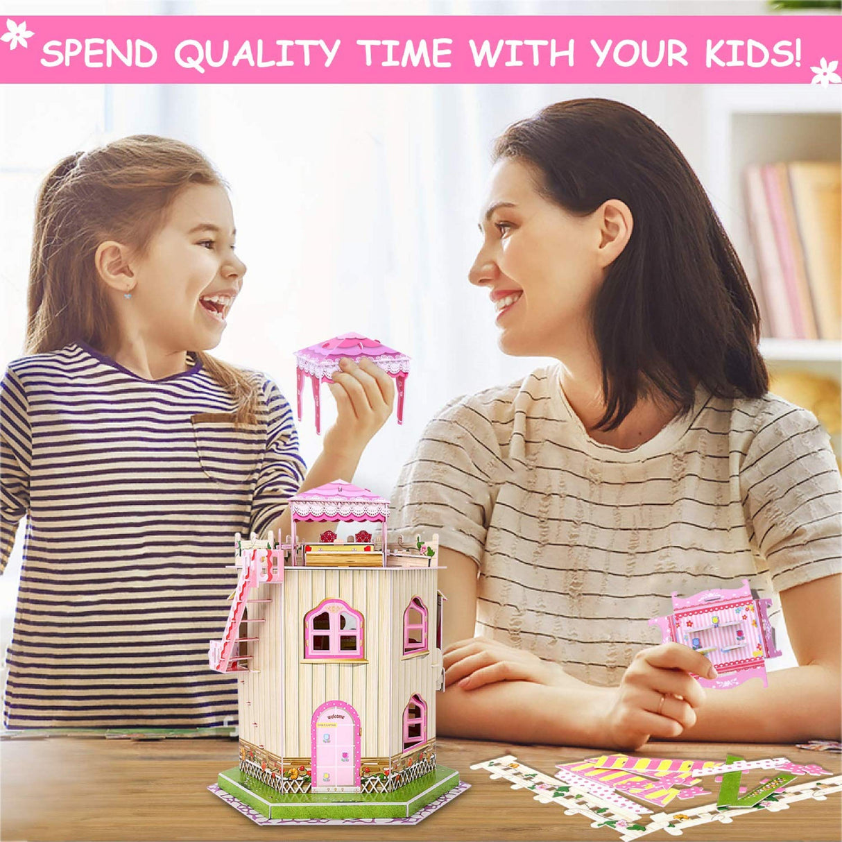 Rooftop Romance 3D Puzzle Dollhouse for Girls - Easy to Assemble 3-D Miniature Doll House Building Kit with LED Light for Kids - Educational Paper Jigsaw Puzzles - Perfect Craft Toys Gift - 101 Pcs Sourcingbay