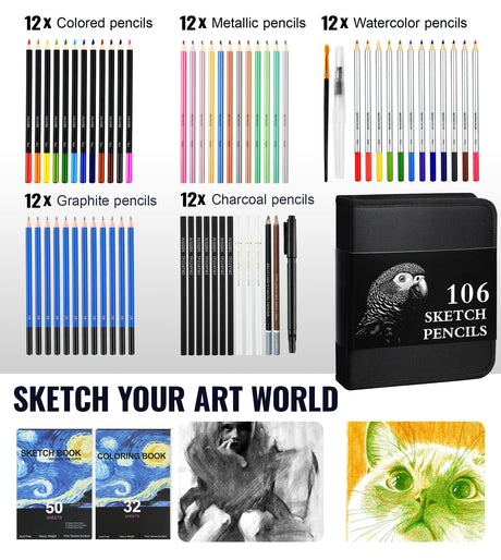 106-Piece Art Supplies Sketching Kit with 3-Color Sketch Book, Coloring Book, Drawing Pencils with Graphite Colored Charcoal Watercolor & Metallic Pencils, Art Kit Gifts for Artists Adults Teens Kids COOL BANK