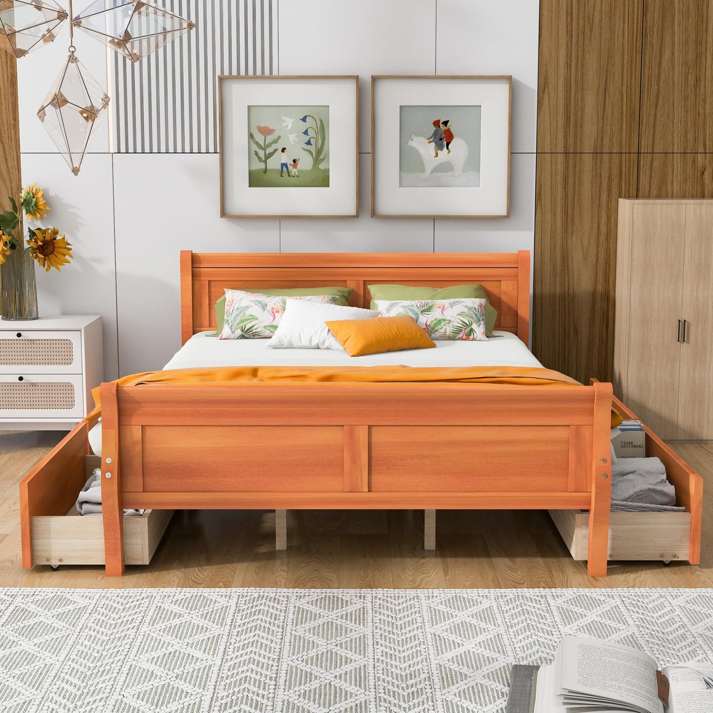 TURRIDU Queen Size Oak Bed Frame, Classic Platform Bed with Four Storage Drawers and Solid Wood Frame, Storage Bed with Streamlined Headboard for