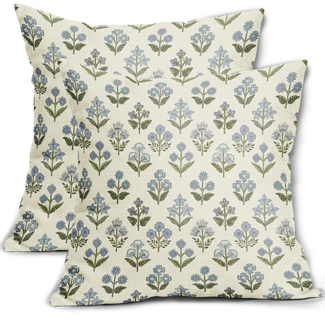 Sivirary Blue Green Block Print Pillow Covers 18x18 Inch Set of 2, Vintage Floral Spring Decorative Throw Pillow Cases Boho Cushion Covers Rustic Decoration Gift Farmhouse Sofa Couch Bed Decor Sivirary