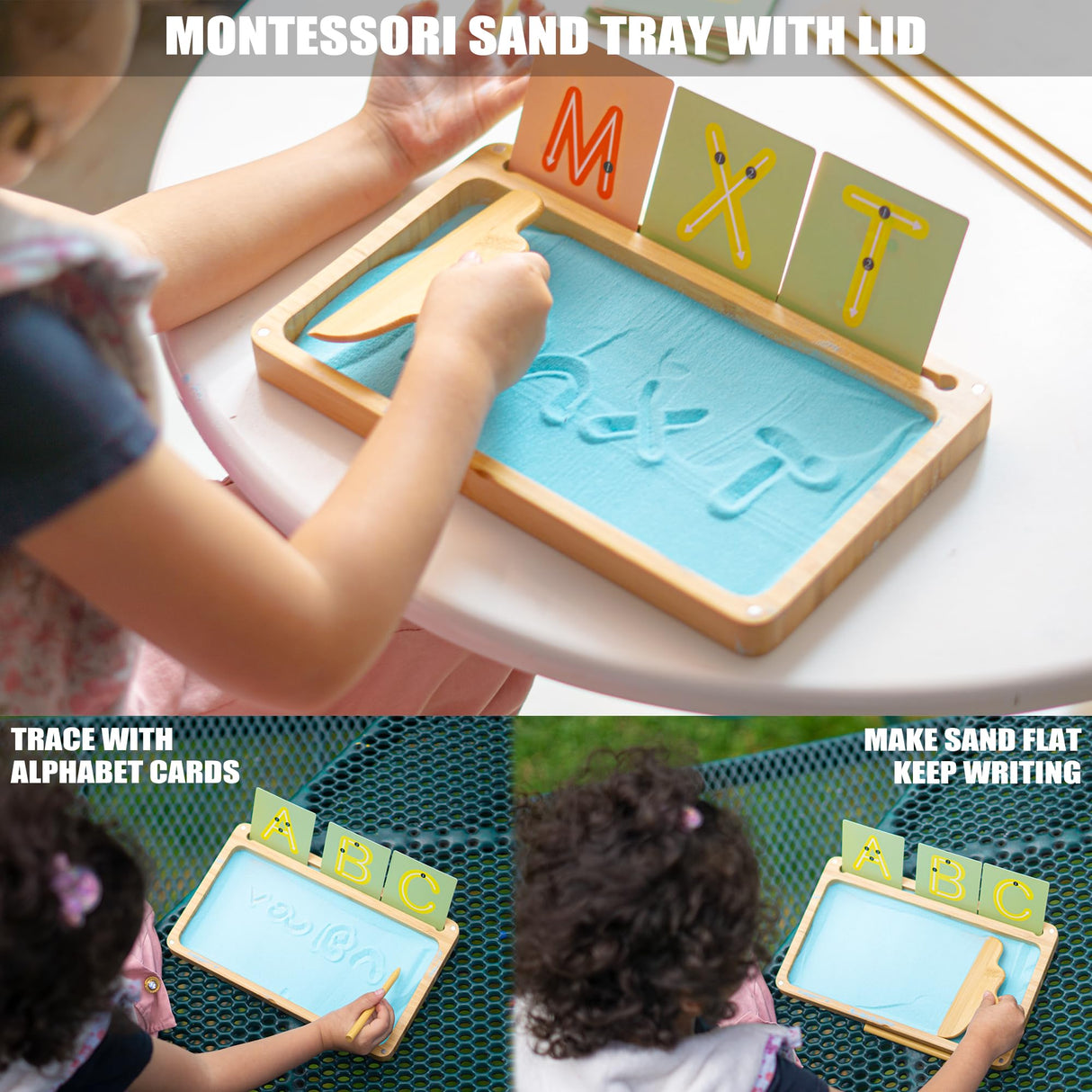 AtMini Sand Tray for Classroom Montessori Sand Tray with Lid Wooden Sand Trays for Kids Writing Letters and Numbers (Blue) AtMini