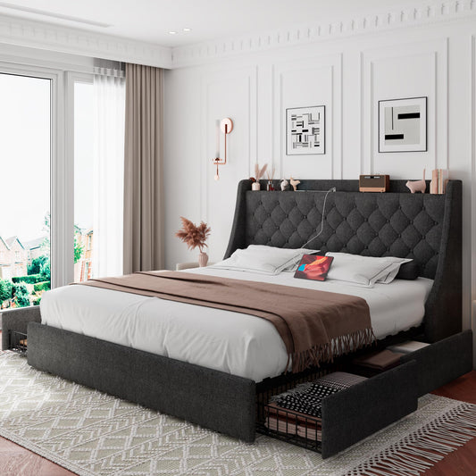 iPormis Dark Gray Upholstered Queen Bed Frame with 4 Storage Drawers and Fast Charging Ports - WoodArtSupply