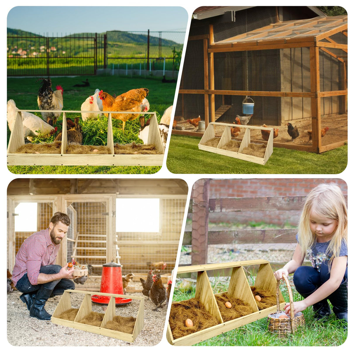 Chicken Nesting Boxes, 3 Compartment Wooden Chicken Laying Boxes, Nesting Boxes for Chickens, Hens, Ducks, Poultry Nest Box for Laying Eggs, (Includes 3 Fake Eggs, 3 Nest Box Pads) Nalwort