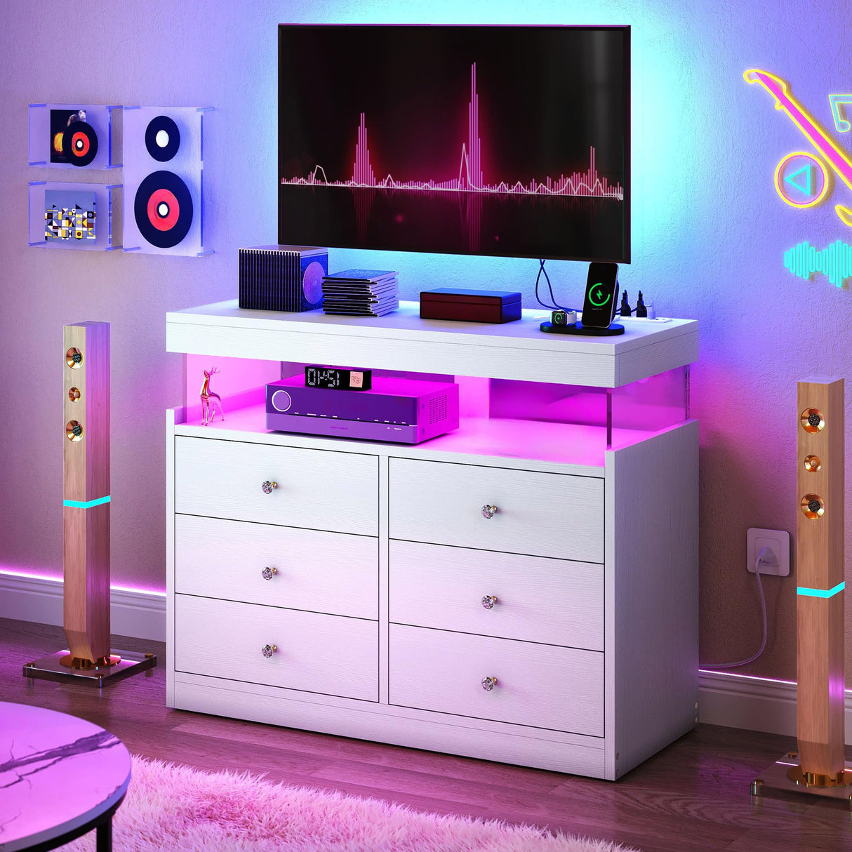 YITAHOME 6 Drawer Dressers with LED Lights and with Charging Station, Wood Dressers Chests of Drawers, Modern Dresser with Open Shelf Storage for Room, Entryway, Hallway, White YITAHOME