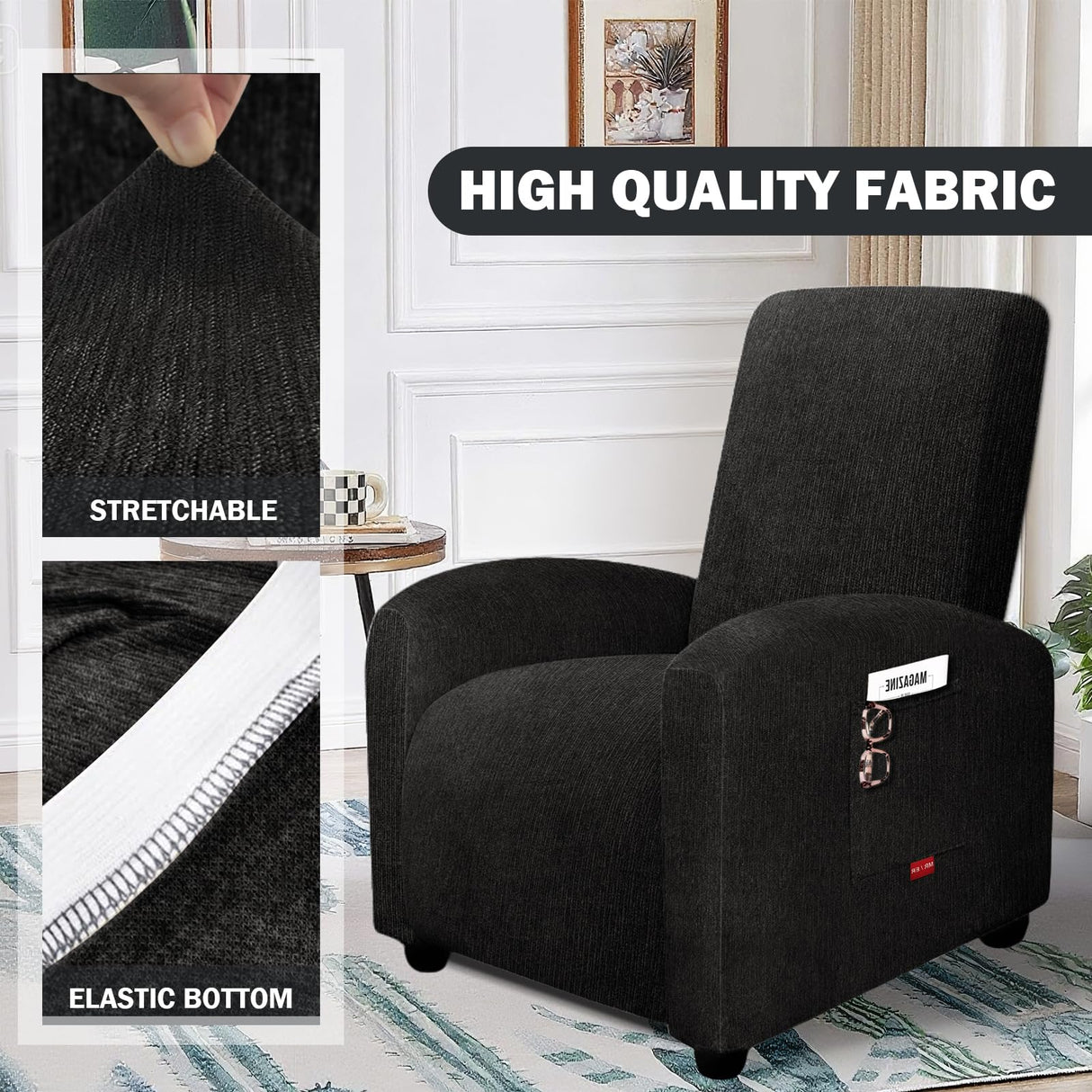 Jcones 3 Pieces Plush Fabric Extra Small Recliner Chair Covers Stretch Recliner Slipcover for Lazy Boy Wide Recliner Chair Washable (Black) Jcones