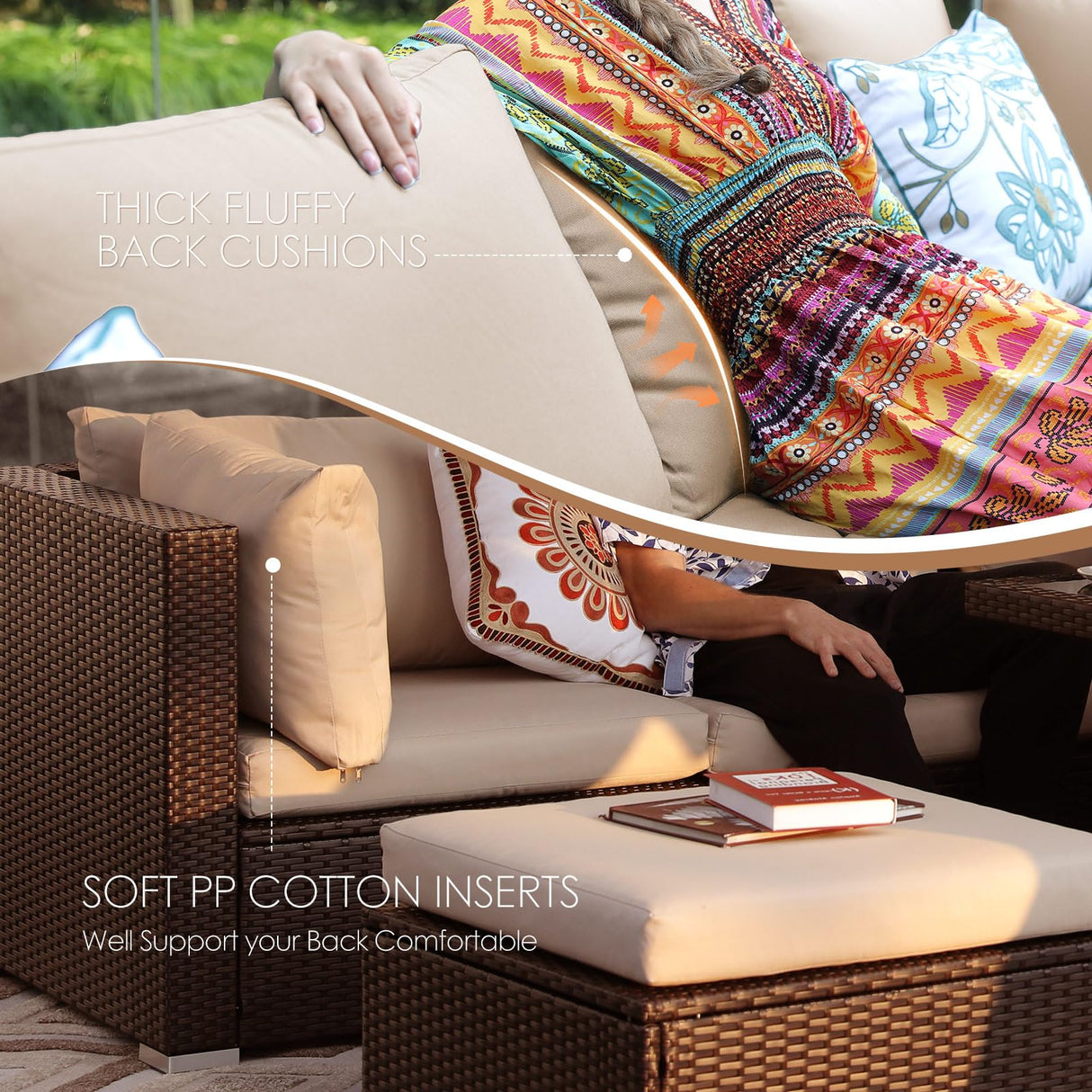 NICESOUL 15 Piece Outdoor Sectional with Fire Pit Table, Modern Luxury Patio Deep Seating w/Firepit, 29.3'' High-Back Wicker Couch Thick, Big High-Weight Capacity Sofa for Garden, Yard, Brown & Beige NICESOUL