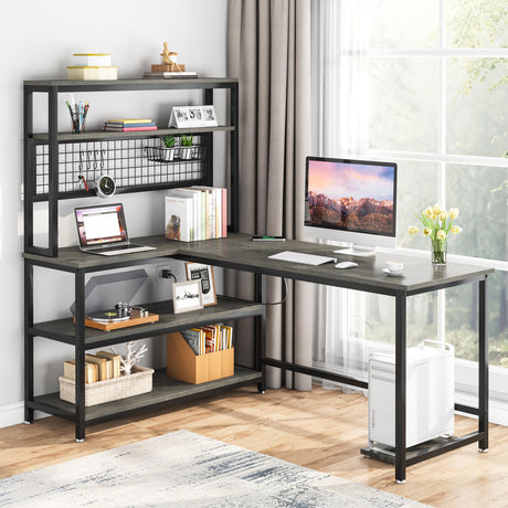 Tribesigns 55" Grey L-Shaped Computer Desk with Wireless Charging and 5 Storage Shelves Tribesigns