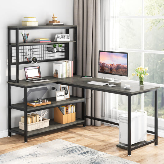 Tribesigns 55" Grey L-Shaped Computer Desk with Wireless Charging and 5 Storage Shelves - WoodArtSupply