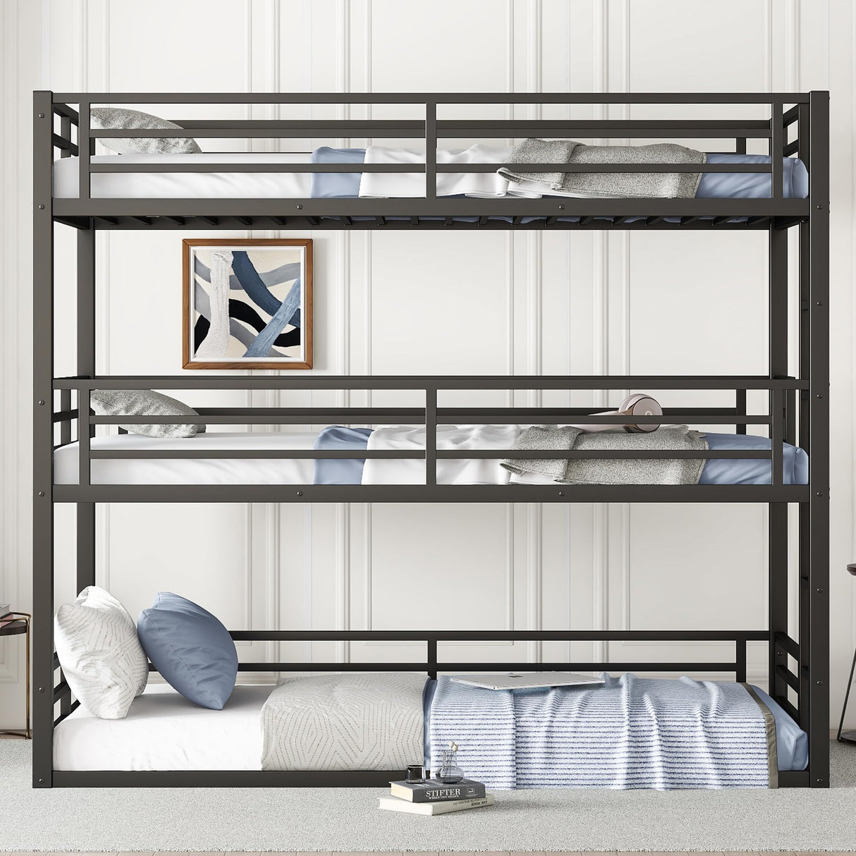 Bellemave Triple Bunk Bed Twin XL Size, Heavy Duty 3 Bunk Beds with Safety Guardrails and Noise-Reduced Design, Metal Triple Bed for 3 Kids, Teens, Adults, No Box Spring Needed Black Bellemave