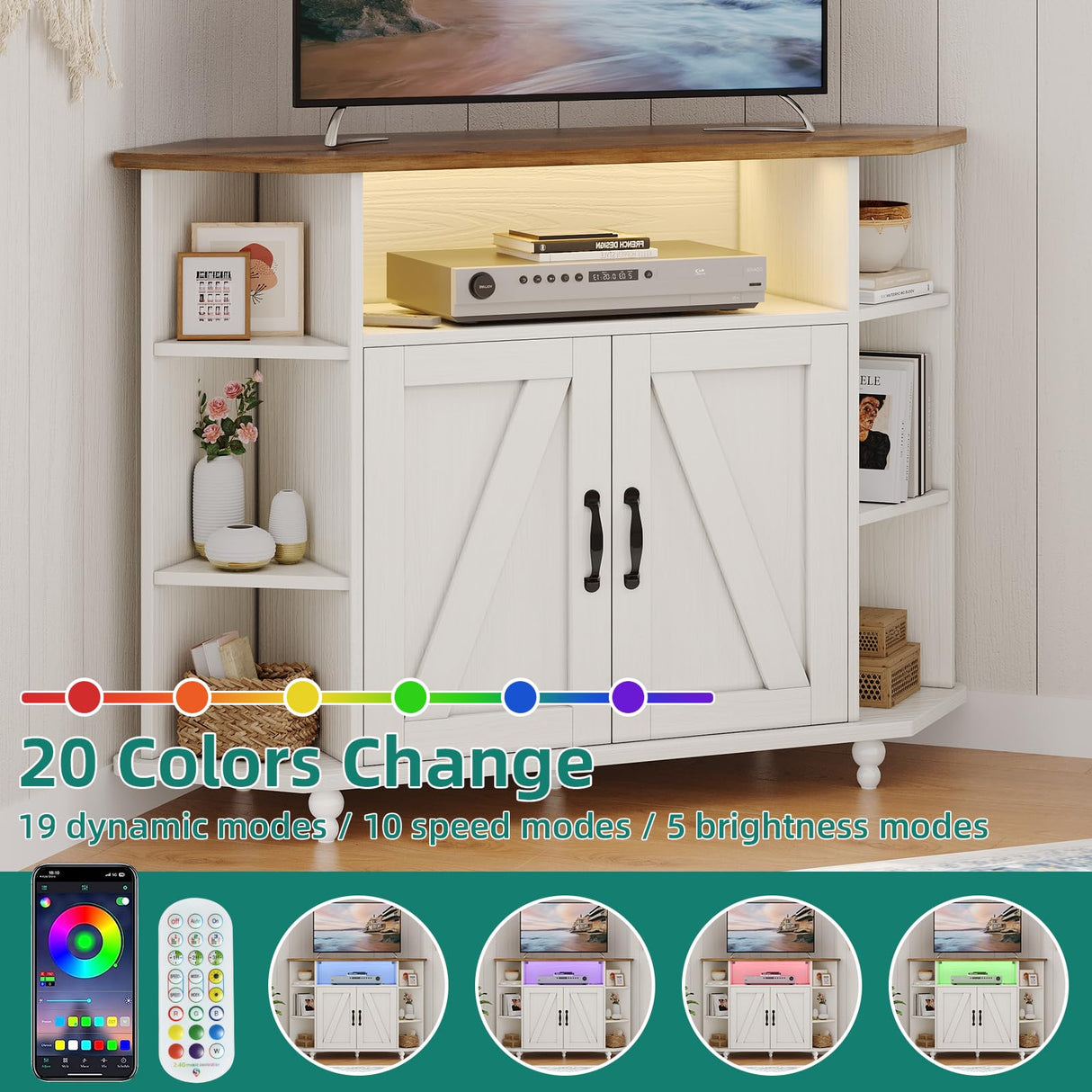 4 EVER WINNER Corner TV Stand for 55 Inch with LED Lights, Farmhouse Corner TV Cabinet with Adjustable Shelves, Corner Entertainment Center with Barn Doors for Living Room, White 4 EVER WINNER