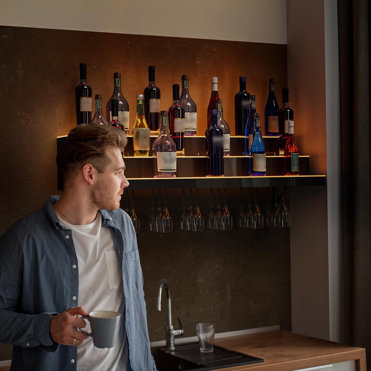 YITAHOME LED Light Liquor Bottle Display Shelf, 3-Tier 40-inch Bar Shelves for Liquor Bottles Wall Mounted Acrylic Liquor Shelf with Wine Holder Slots, Remote & App Control for Home Commercial Bar YITAHOME